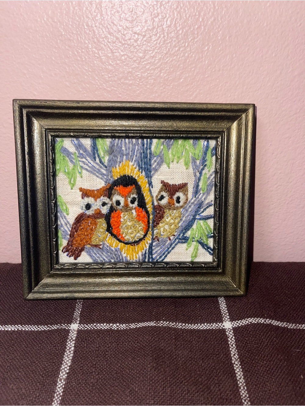 70’s Framed Handmade Needlepoint Owl Family On A Tree Vintage